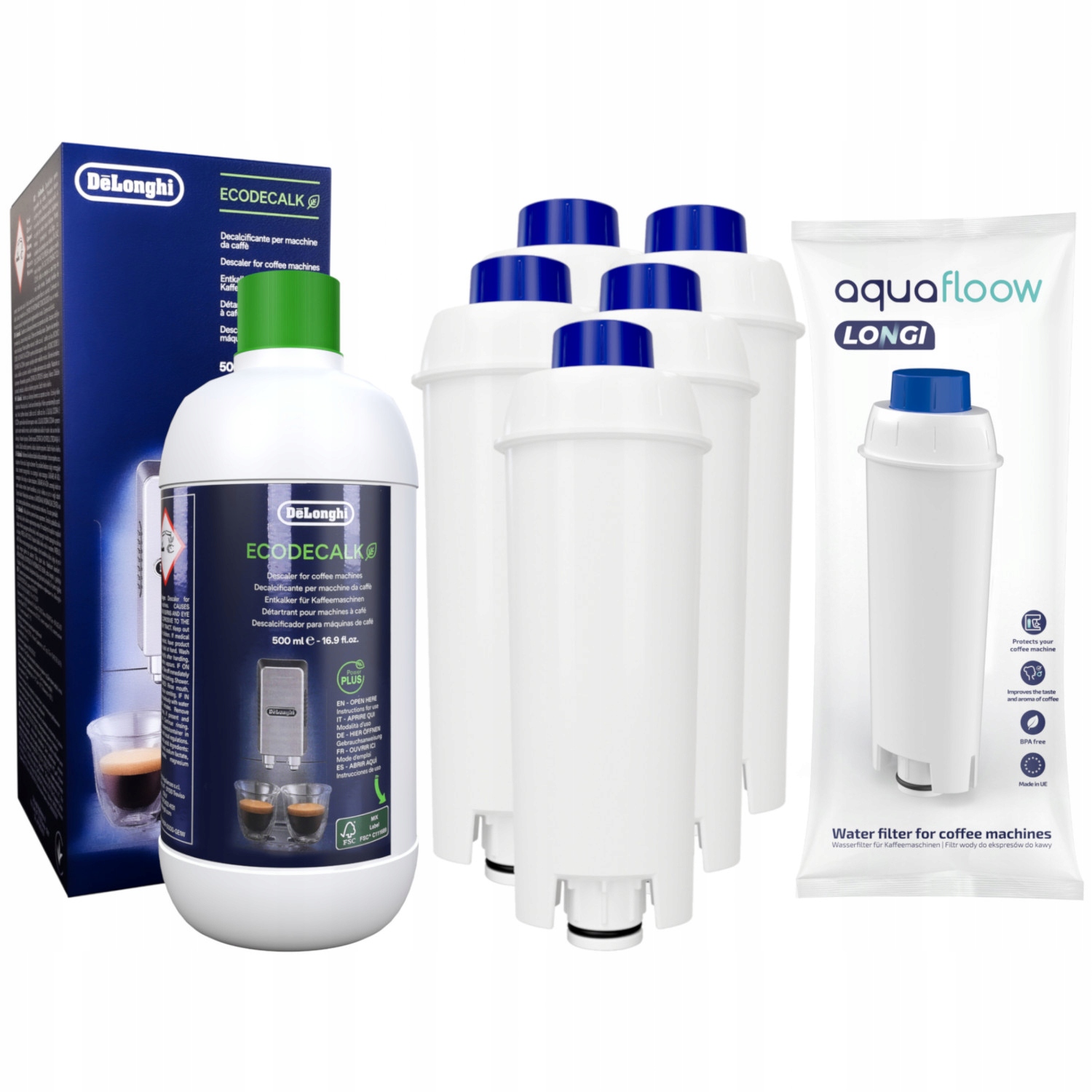 5× Vodný filter do kávovaru AquaFloow Longi biely + Delonghi Ecodecalk DLSC500 odstraňovač vodného kameňa 500 ml